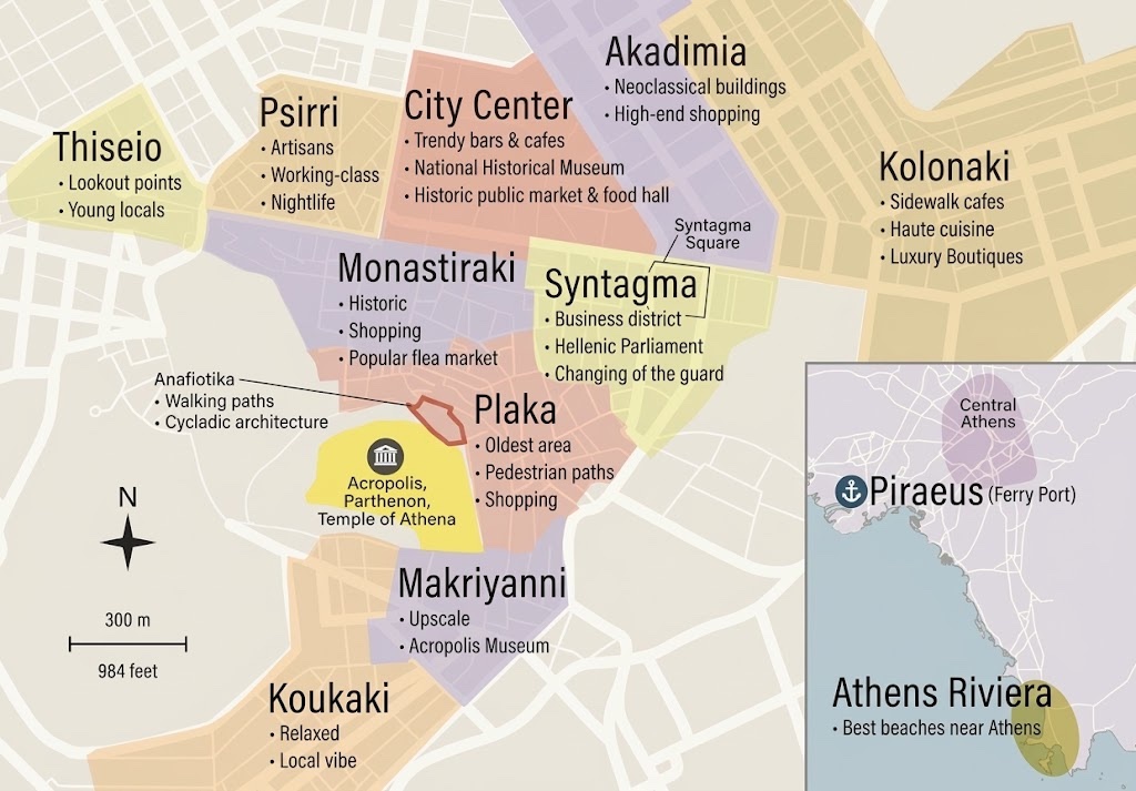 Map of central Athens neighbourhoods: Thiseio, Psirri, City Center, Akadimia, Kolonaki, Monastiraki, Syntagma, Plaka, Anafiotika, the Acropolis, Makriyanni and Koukaki, with an inset of Piraeus and the Athens Riviera